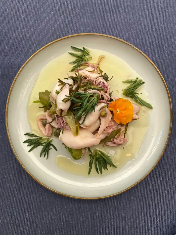 Octopus salad with pickled vegetables and rock samphire