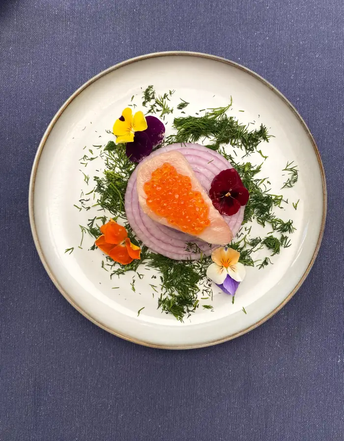 Tarama with trout roe, dill and edible flowers